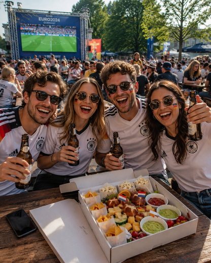 Fußball Public Viewing Box von Charcuterie Düsseldorf mit vier Freunden in Deutschland-Trikots bei sonnigem Wetter. Die Gruppe sitzt draußen im Fanbereich, hält Bierflaschen in der Hand und jubelt gemeinsam vor einer Snack- und Fingerfood-Box mit Dips, Brezeln, Chips und Früchten während eines Fußballspiels.
