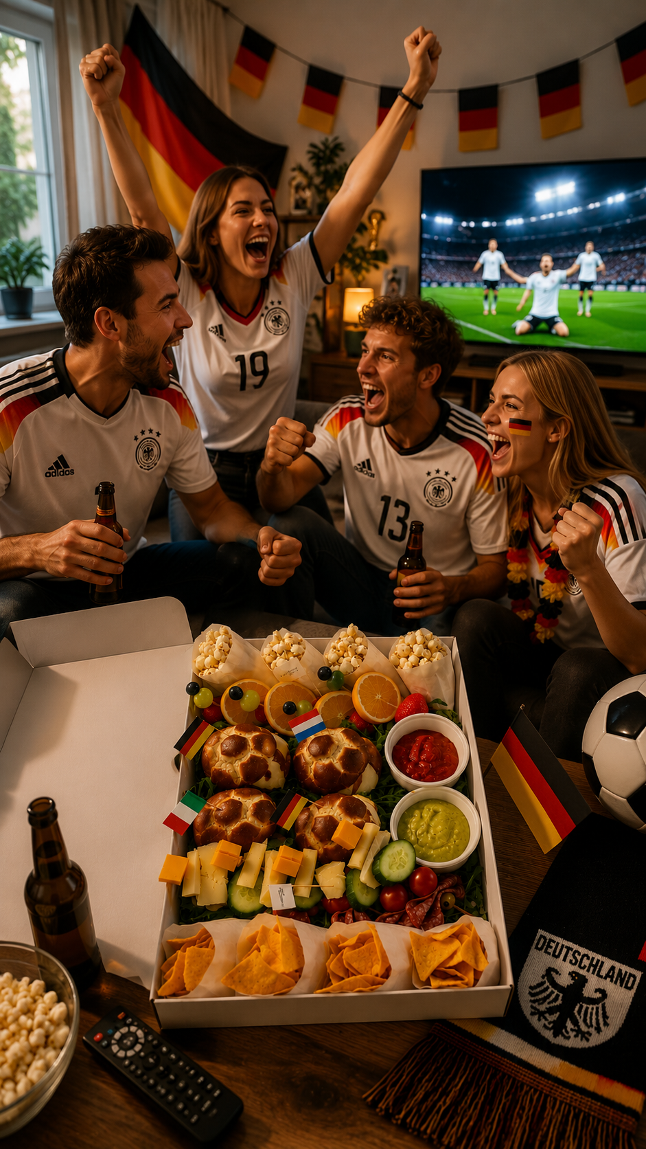 Vier Freunde in Deutschland-Trikots genießen ein Fußball Public Viewing im Freien mit einer Charcuterie Düsseldorf Snackbox auf dem Tisch. Die Gruppe hält Bierflaschen in der Hand und posiert lachend vor einer Box mit Brezel-Brötchen, Chips, Popcorn, Dips, Käse und frischem Obst bei sonnigem Wetter.