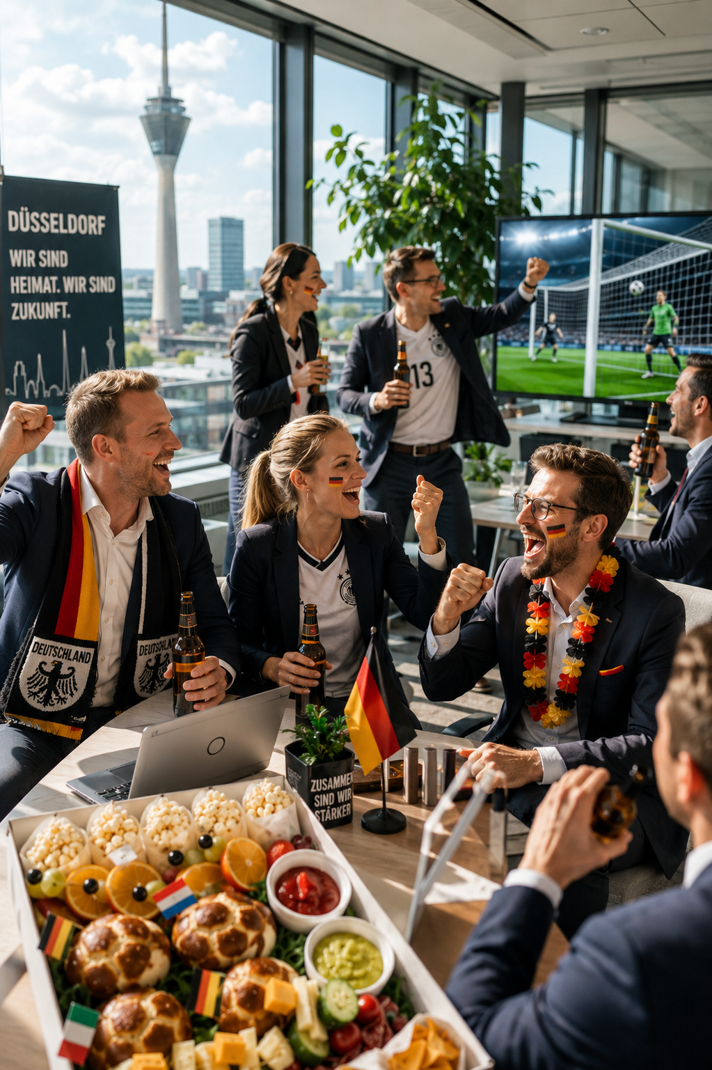 Fußball Public Viewing mit Charcuterie Düsseldorf Snackbox und vier Freunden in Deutschland-Trikots bei sonnigem Wetter. Die Gruppe sitzt draußen im Fanbereich, hält Bierflaschen in der Hand und schaut gemeinsam ein Fußballspiel. Auf dem Tisch steht eine Snackbox mit Brezeln, Chips, Popcorn, Dips, Käse und frischem Obst.