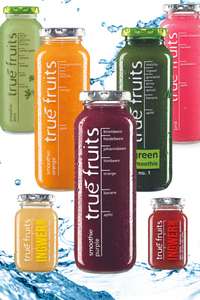 True Fruit smoothie with different flavours. Green smoothie, Purple smoothie, Pink smoothie, Mint smoothie, yellow smoothie, orange smoothie, Gingershot, red ginger shot, yellow ginger shot